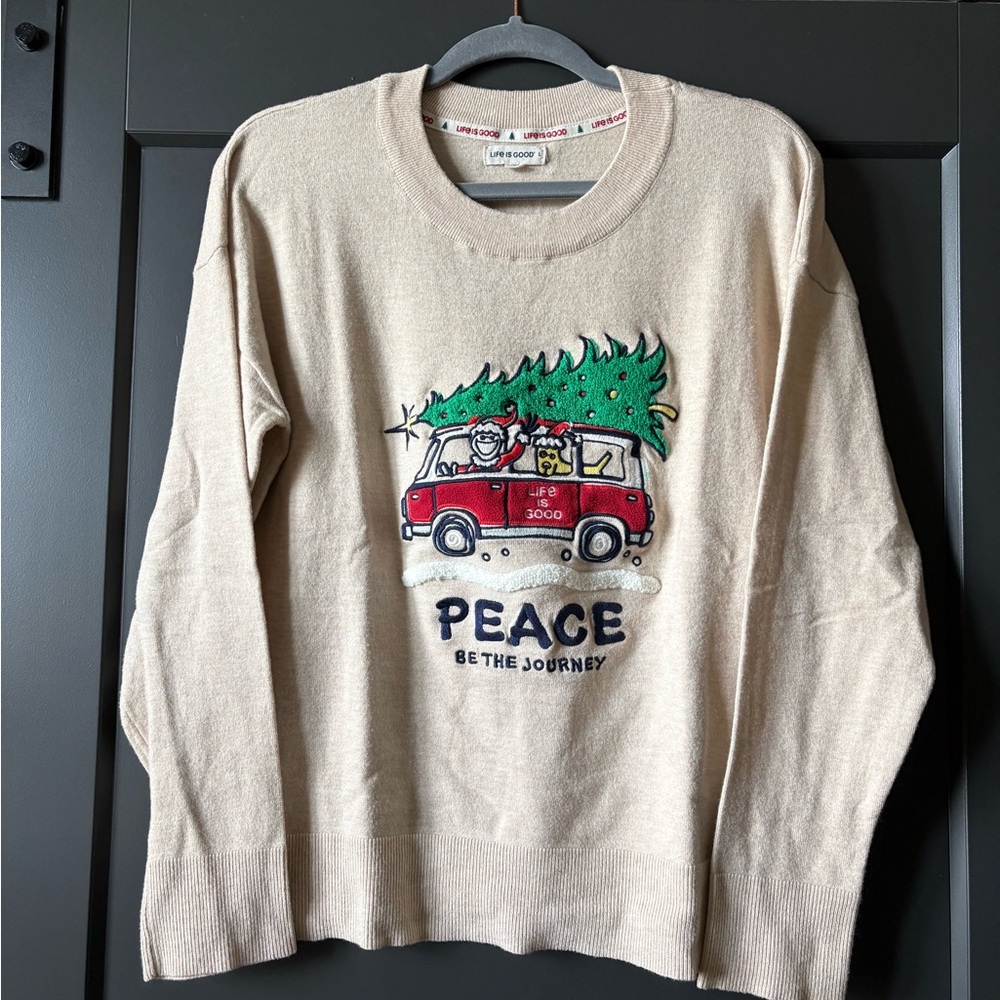 Life Is Good Cream Crewneck Sweater with Red Van & Green Tree Graphic, Holiday
